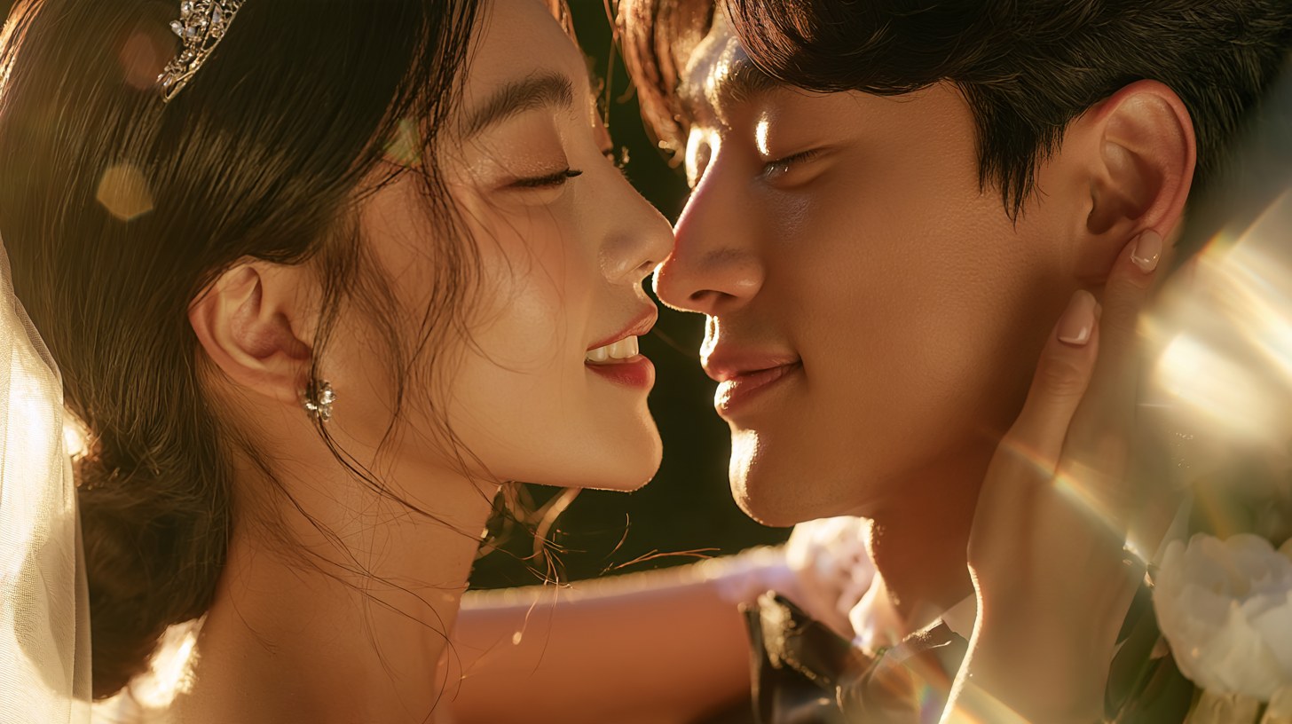 햇살 아래 코를 맞대고 미소 짓는 신랑과 신부
