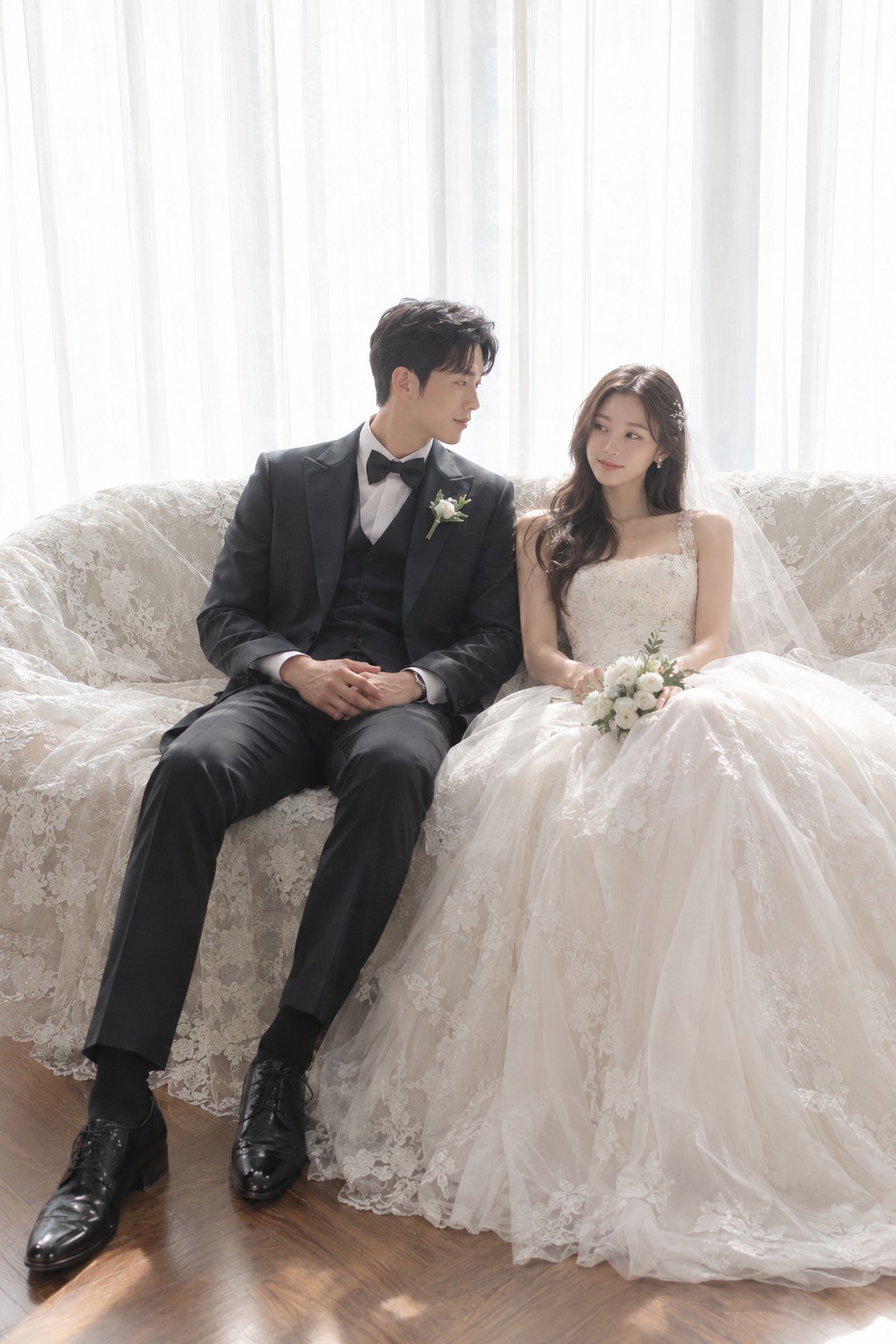 소파에 나란히 앉아 서로를 바라보는 신랑과 신부